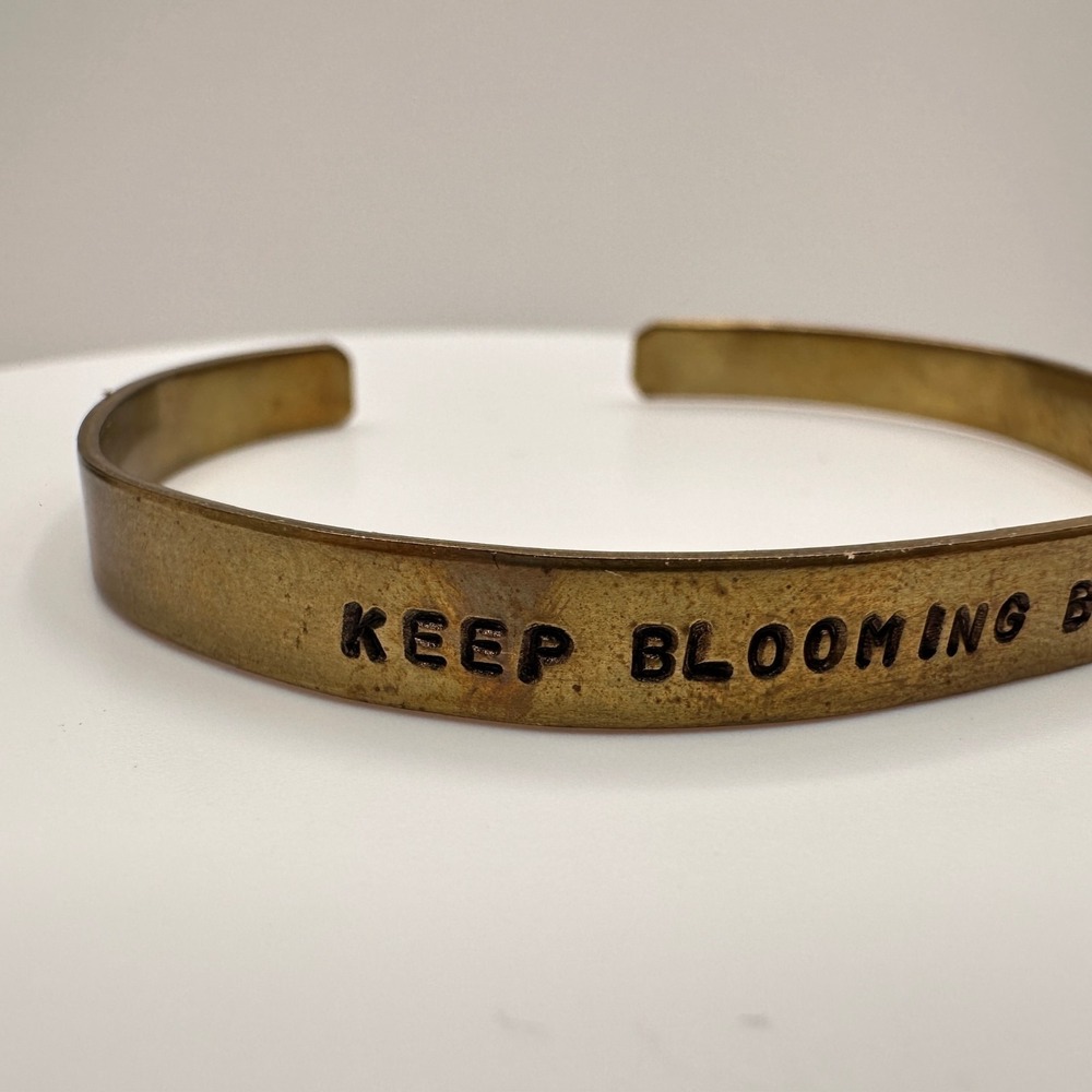 Vintage 80s Brass Cuff Bracelet Keep Blooming Beautiful One Engraved Jewelry - Picture 3 of 7
